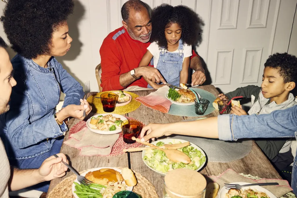 family eating healthy dinner